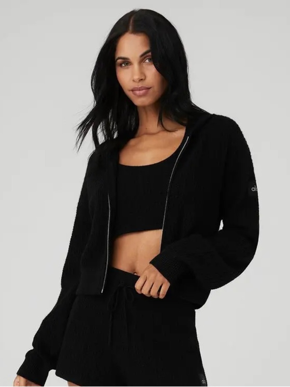 ALO Black Cropped Cashmere Waffle Hoodie Jacket